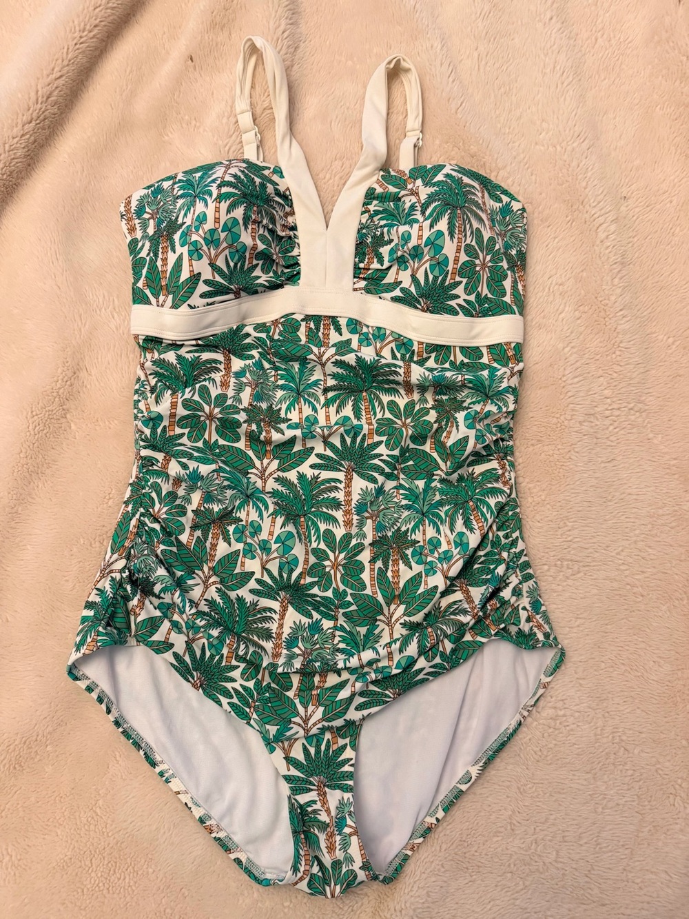 Boden Green Palm-Print One-Piece Swimsuit with Cream Trim. Worn once